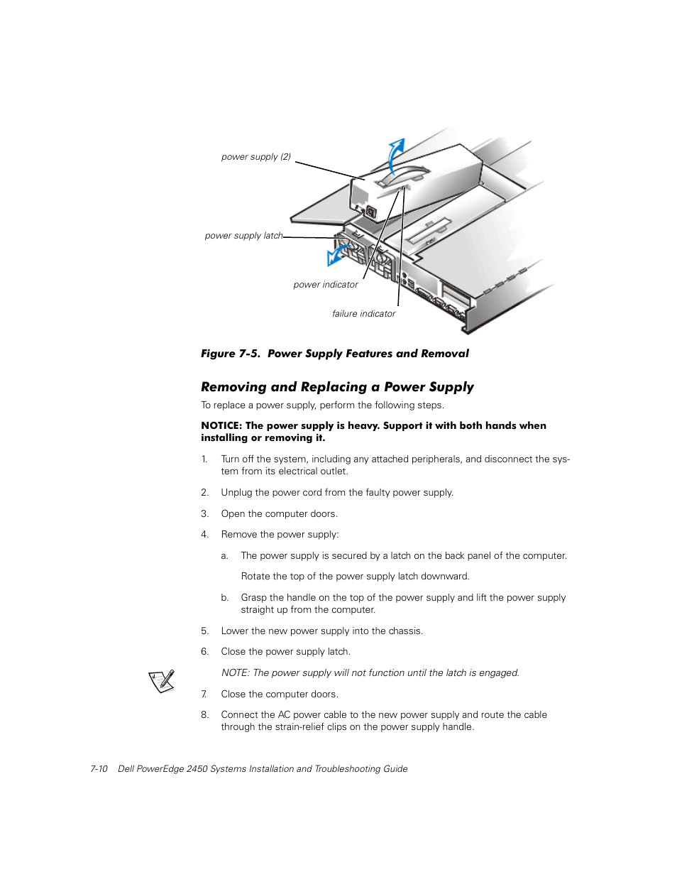 Removing and replacing a power supply | Dell PowerEdge 2450 User Manual | Page 60 / 166