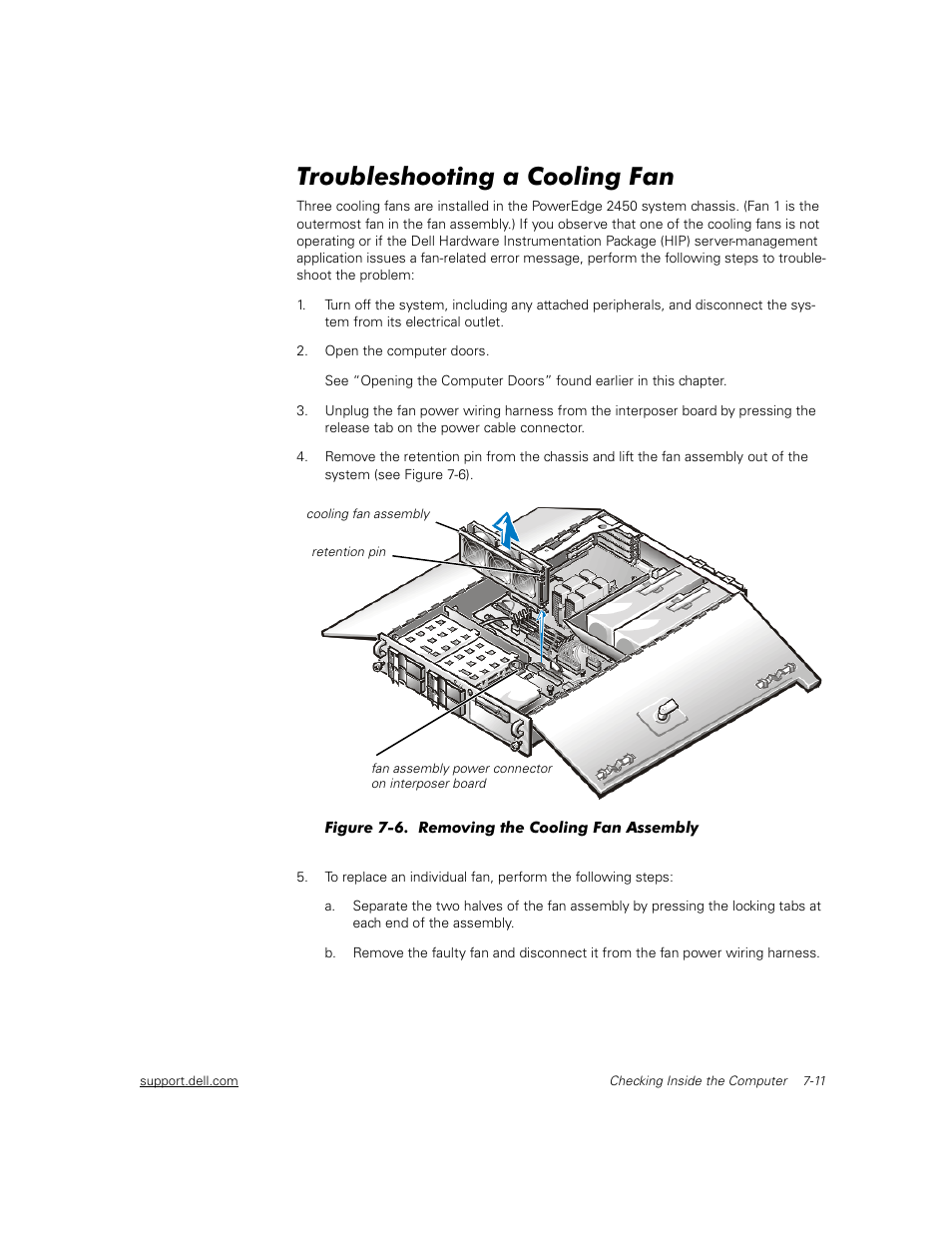 Troubleshooting a cooling fan | Dell PowerEdge 2450 User Manual | Page 61 / 166