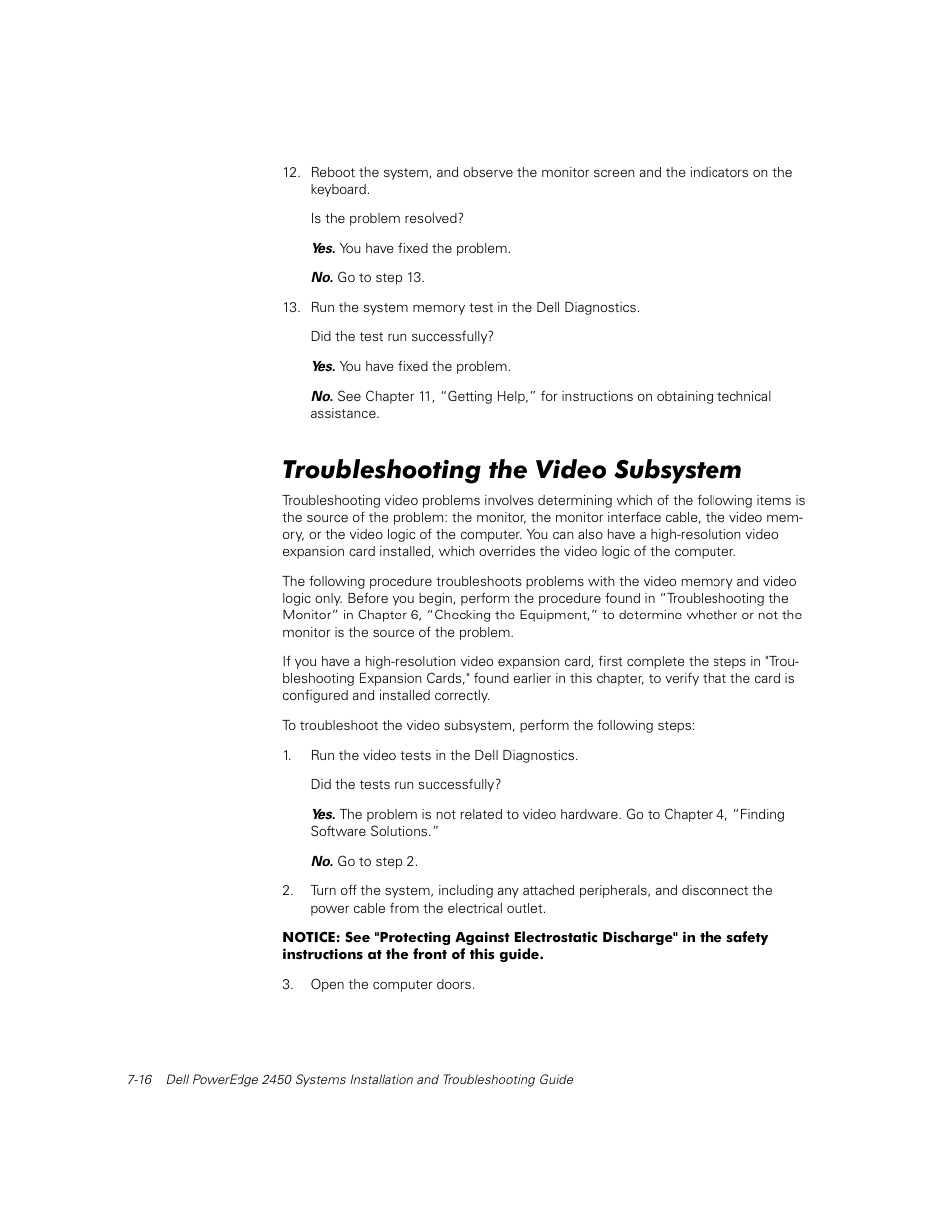 Troubleshooting the video subsystem | Dell PowerEdge 2450 User Manual | Page 66 / 166