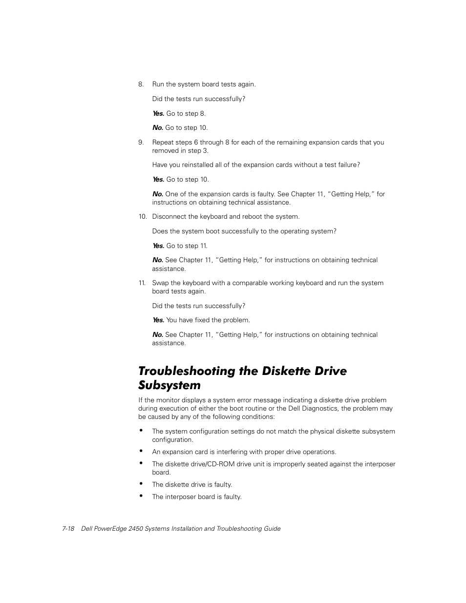 Troubleshooting the diskette drive subsystem | Dell PowerEdge 2450 User Manual | Page 68 / 166