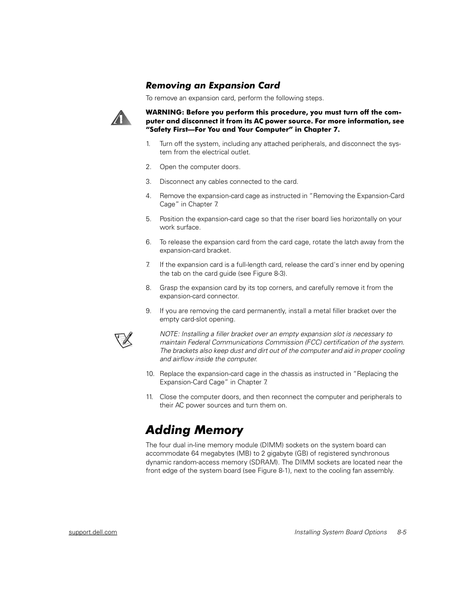 Removing an expansion card, Adding memory | Dell PowerEdge 2450 User Manual | Page 81 / 166