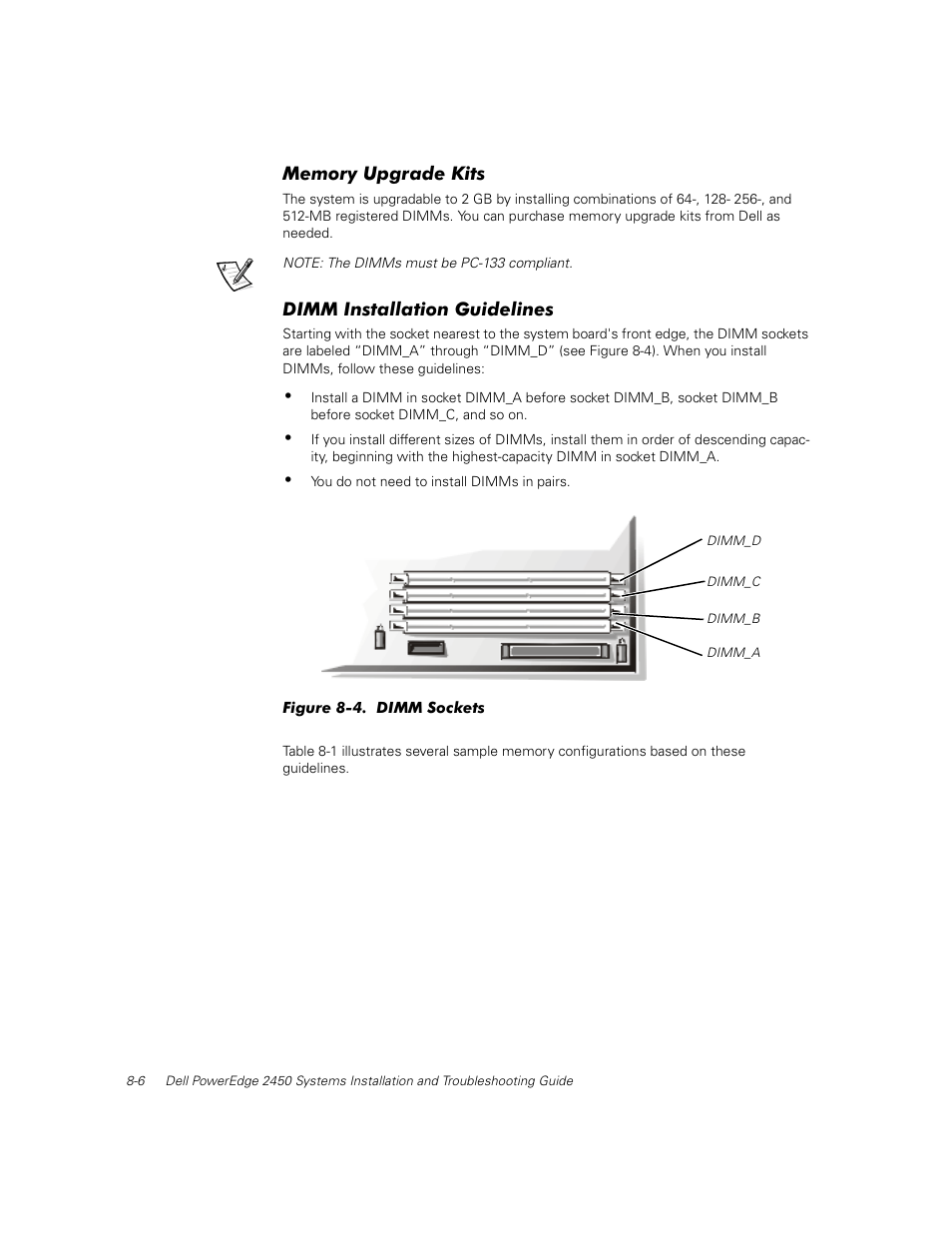 Memory upgrade kits, Dimm installation guidelines | Dell PowerEdge 2450 User Manual | Page 82 / 166
