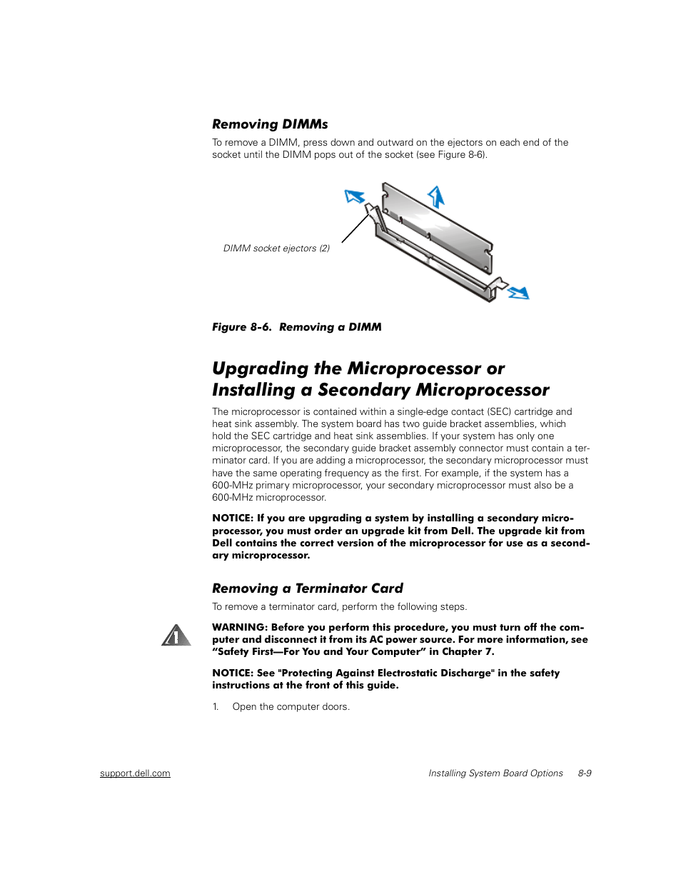 Removing dimms, Removing a terminator card, Removing dimm | Dell PowerEdge 2450 User Manual | Page 85 / 166