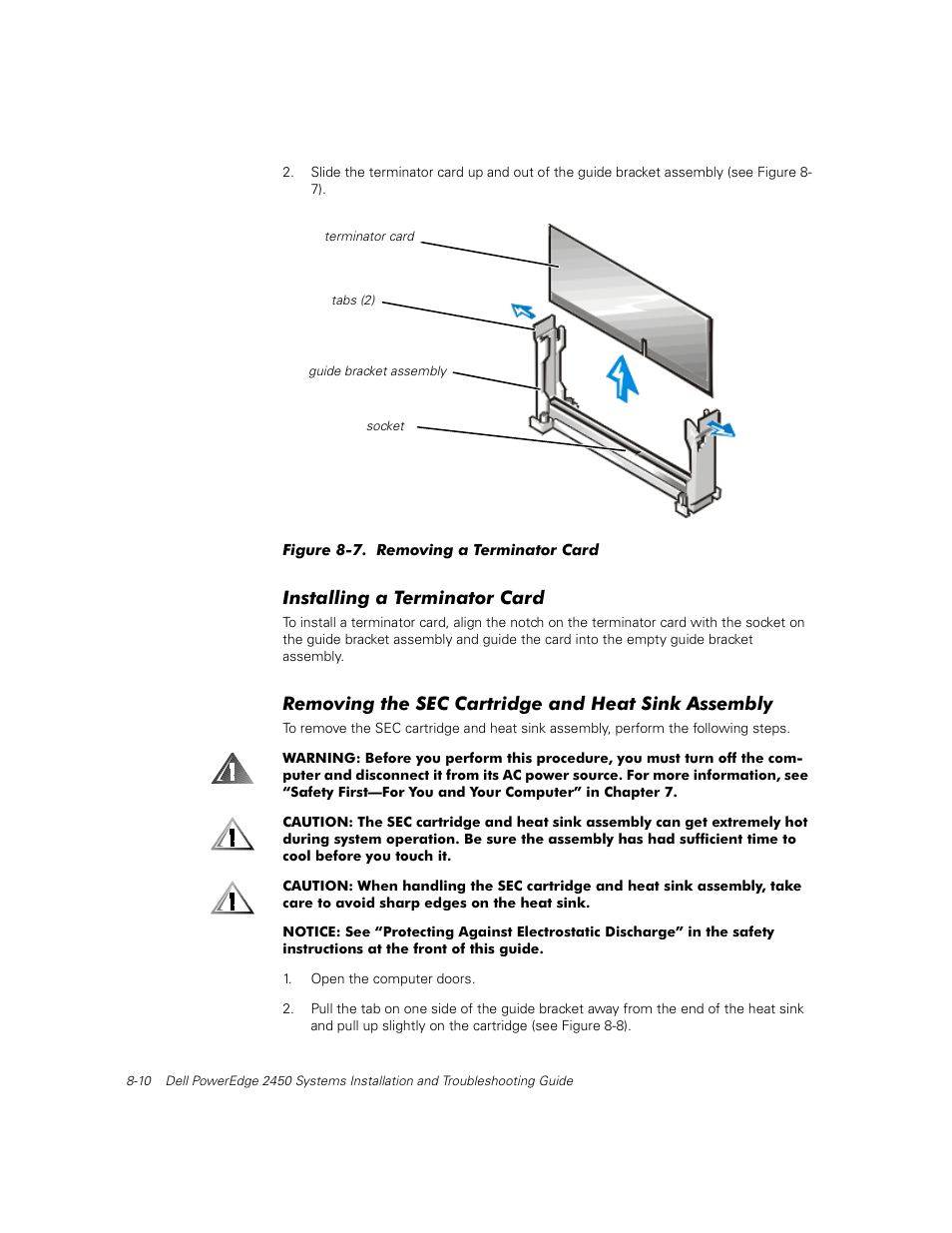 Installing a terminator card, Removing the sec cartridge and heat sink assembly | Dell PowerEdge 2450 User Manual | Page 86 / 166