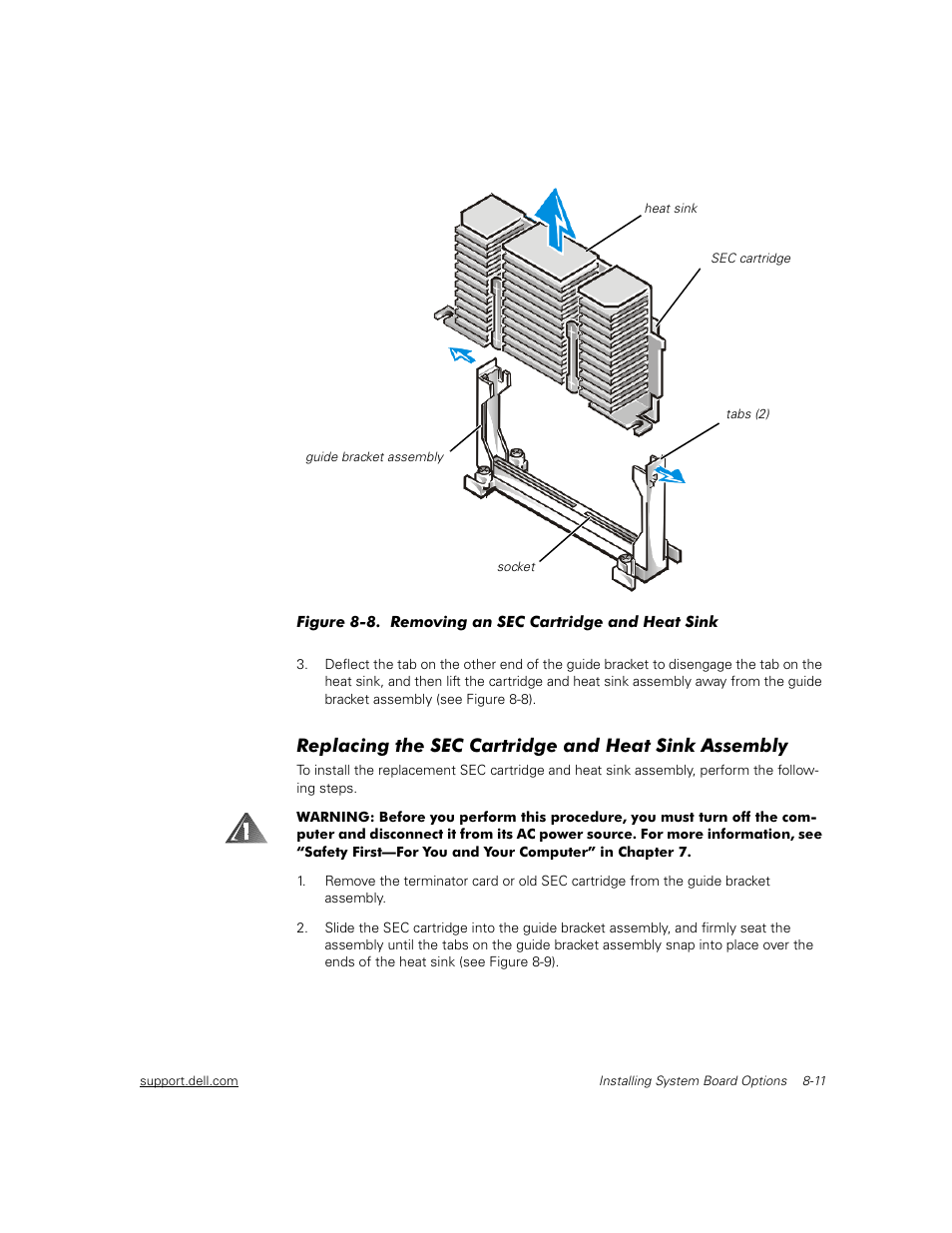 Replacing the sec cartridge and heat sink assembly | Dell PowerEdge 2450 User Manual | Page 87 / 166