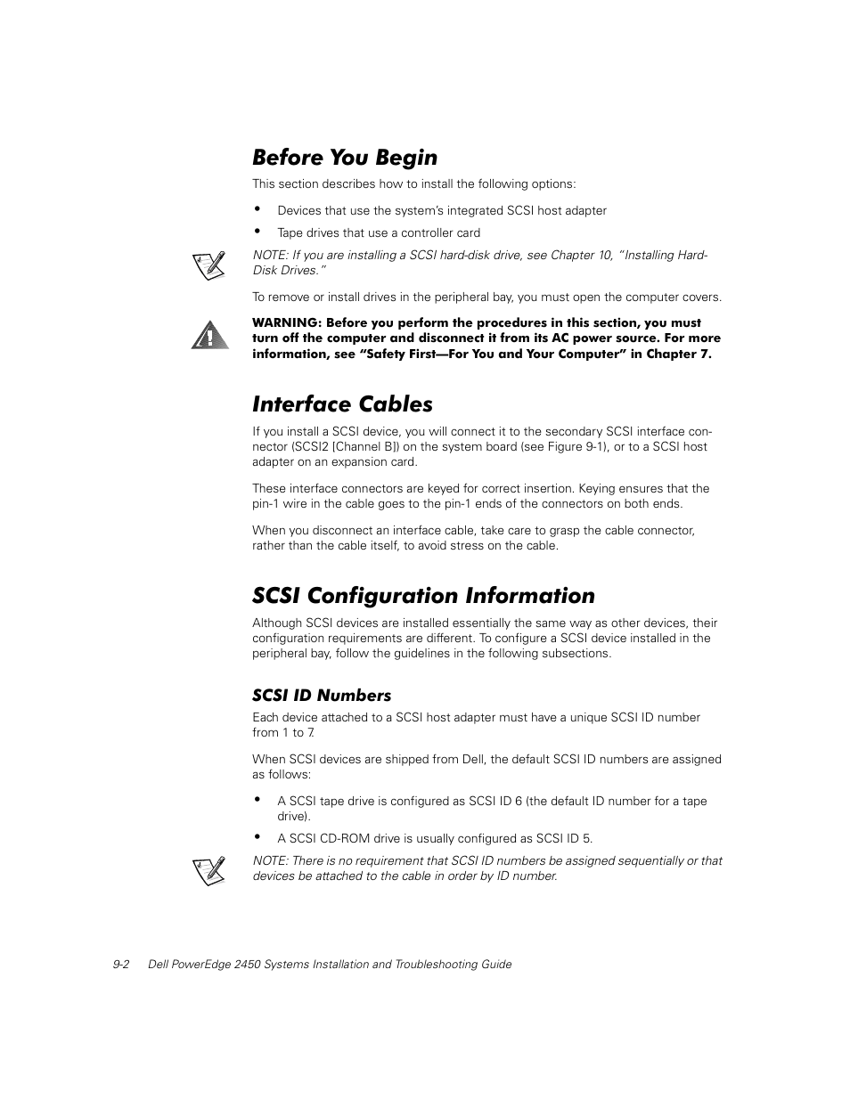 Before you begin, Interface cables, Scsi configuration information | Scsi id numbers | Dell PowerEdge 2450 User Manual | Page 94 / 166