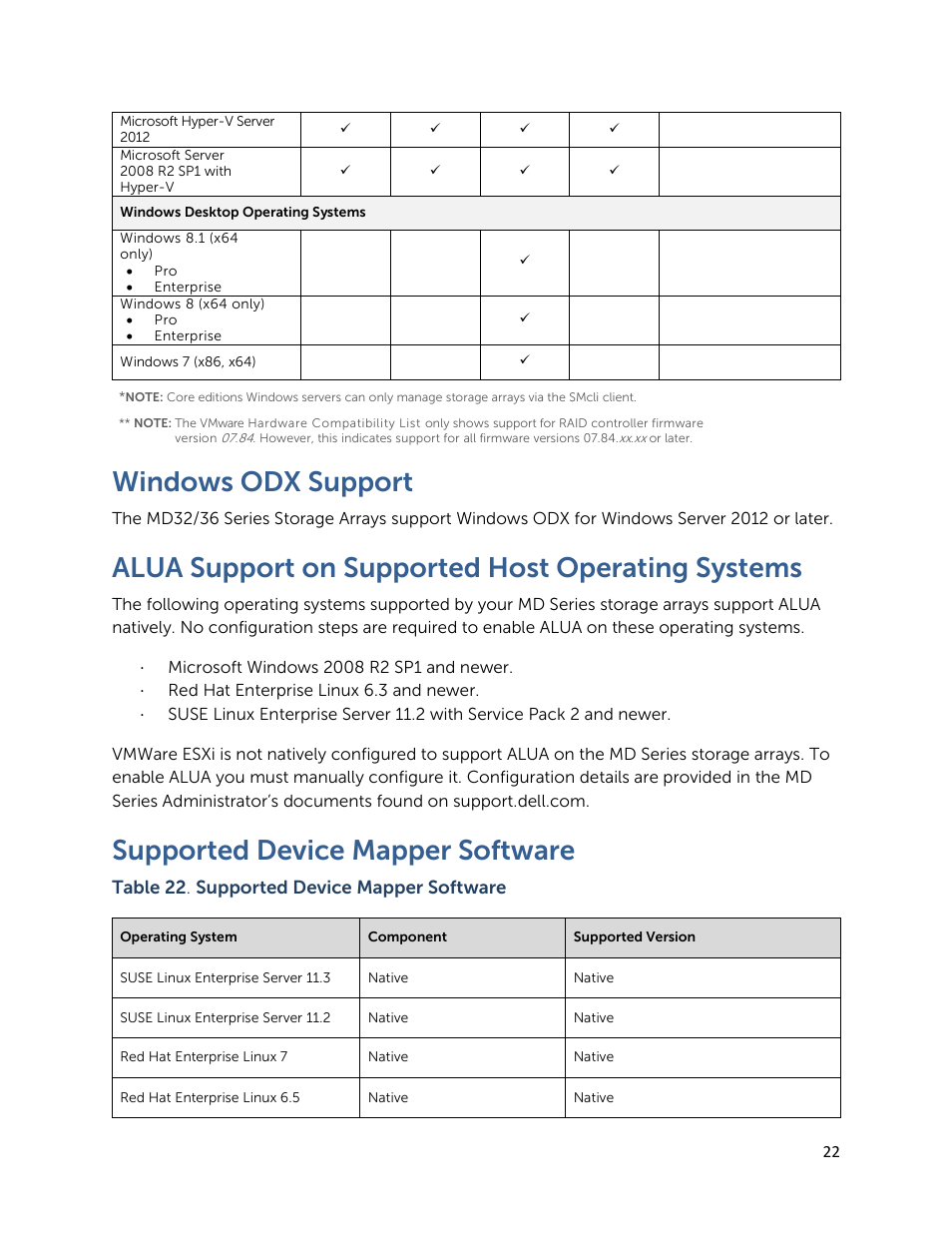 Windows odx support, Alua support on supported host operating systems, Supported device mapper software | Table 22 . supported device mapper software | Dell PowerVault MD3260 User Manual | Page 22 / 28