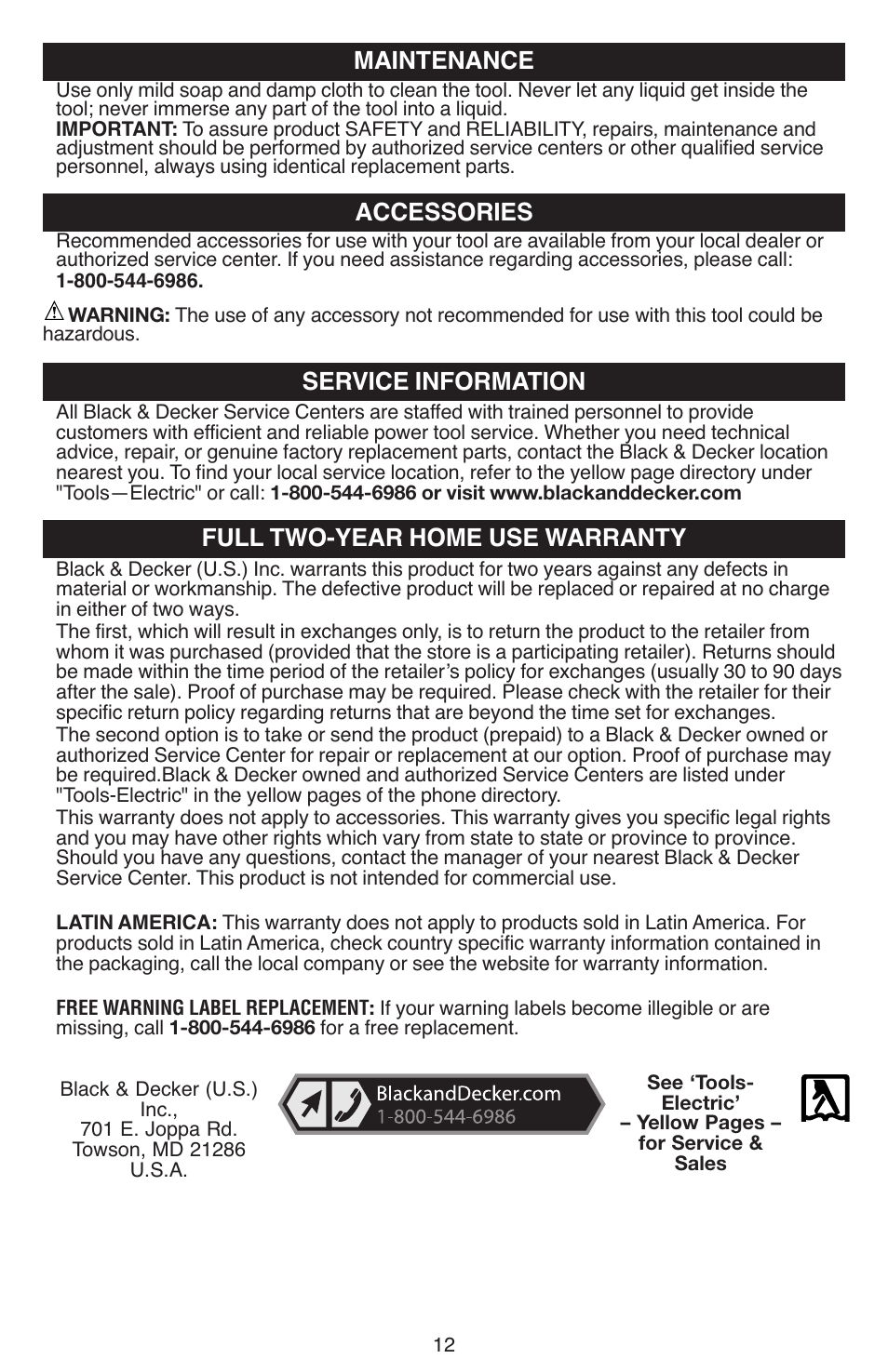 Maintenance, Accessories, Service information | Full two-year home use warranty | Black & Decker JS670V User Manual | Page 12 / 42