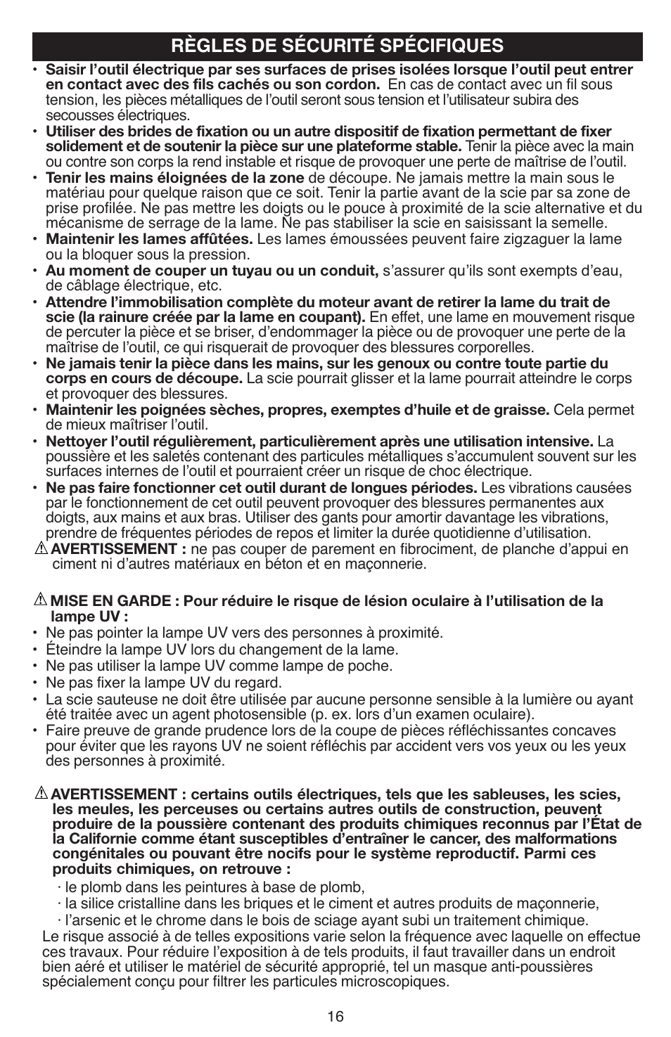 Règles de sécurité spécifiques | Black & Decker JS670V User Manual | Page 16 / 42