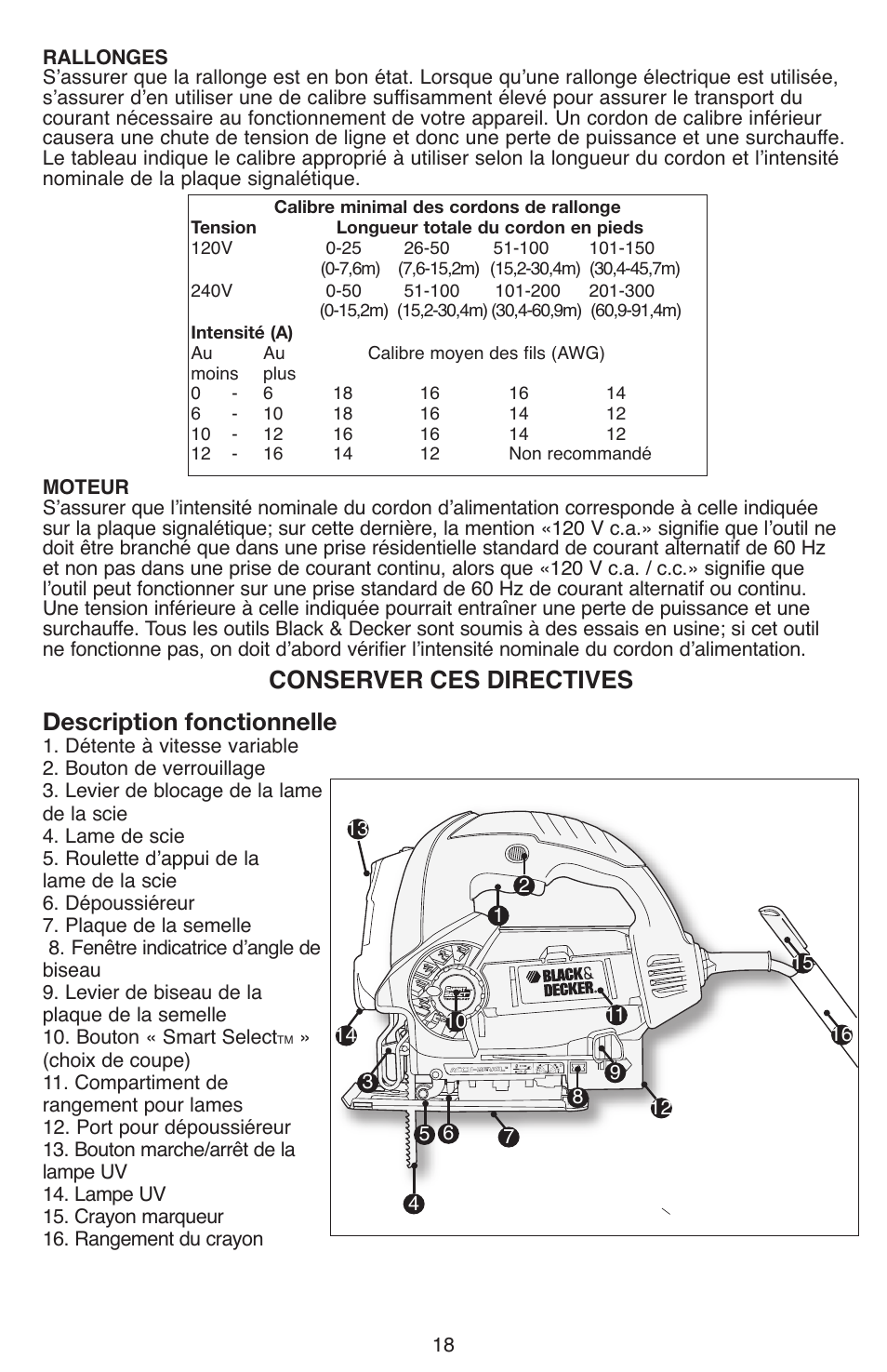 Conserver ces directives, Description fonctionnelle | Black & Decker JS670V User Manual | Page 18 / 42