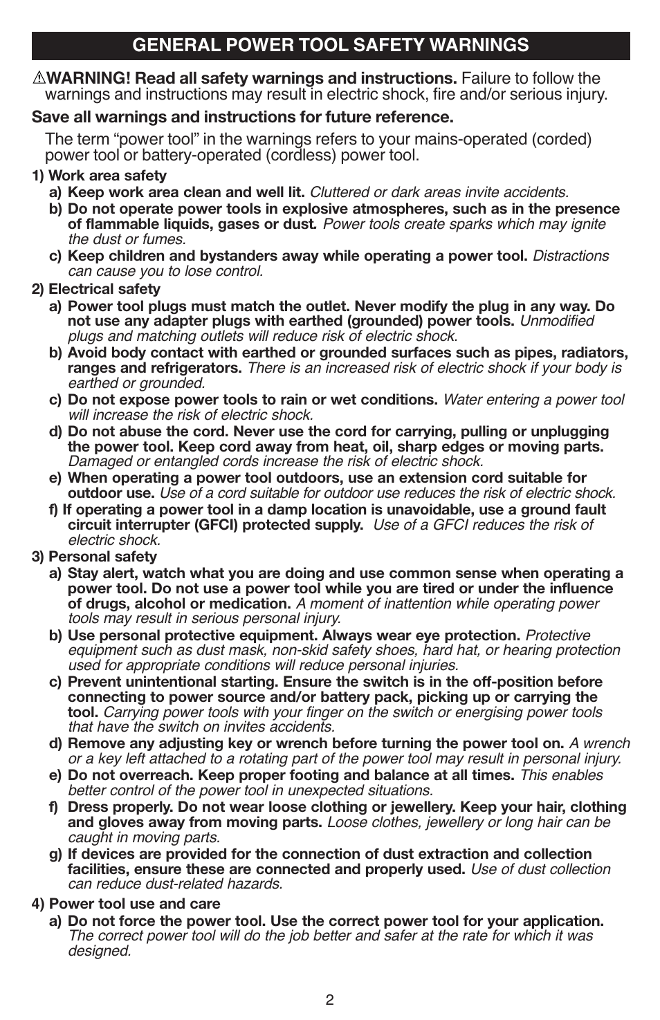 General power tool safety warnings | Black & Decker JS670V User Manual | Page 2 / 42