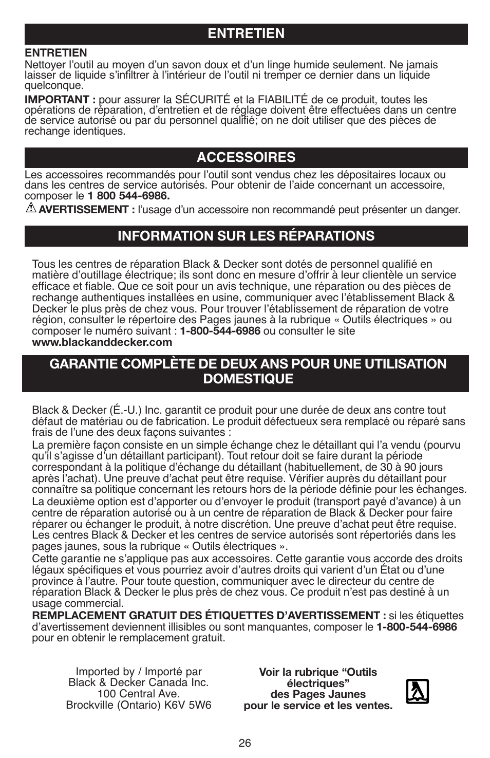 Entretien, Accessoires, Information sur les réparations | Black & Decker JS670V User Manual | Page 26 / 42