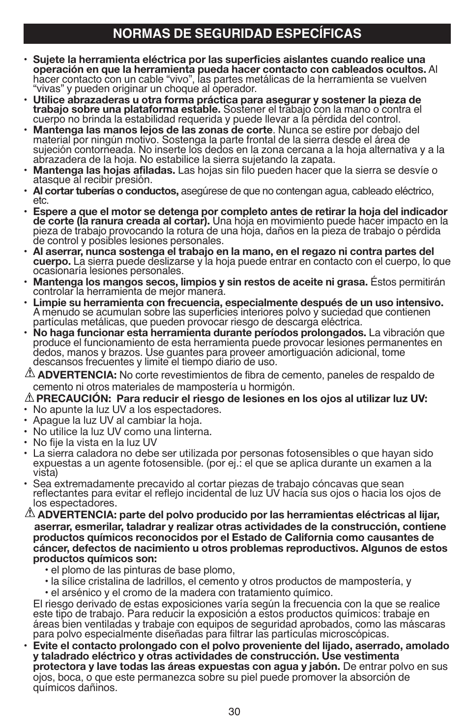Normas de seguridad específicas | Black & Decker JS670V User Manual | Page 30 / 42