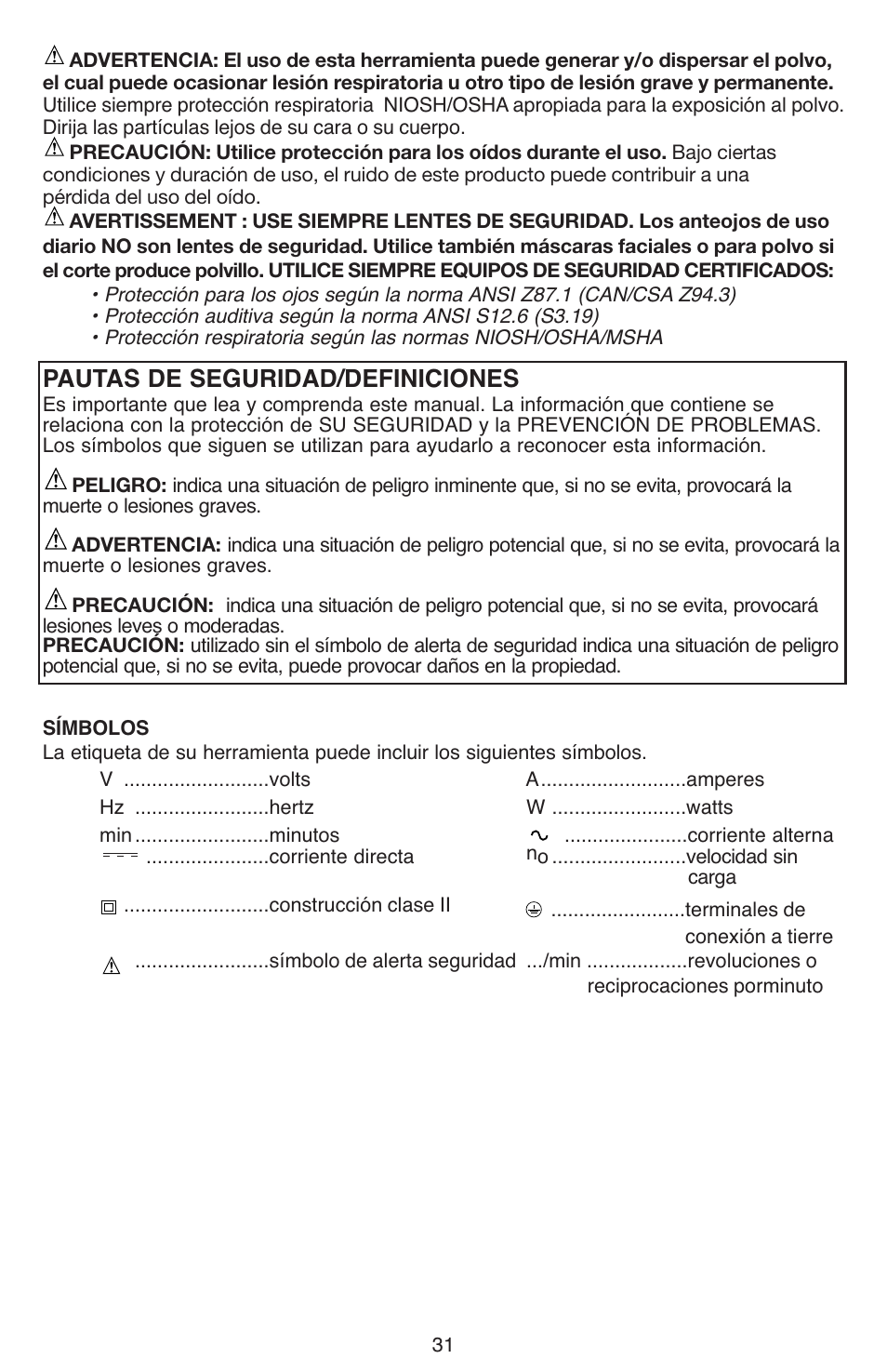 Pautas de seguridad/definiciones | Black & Decker JS670V User Manual | Page 31 / 42
