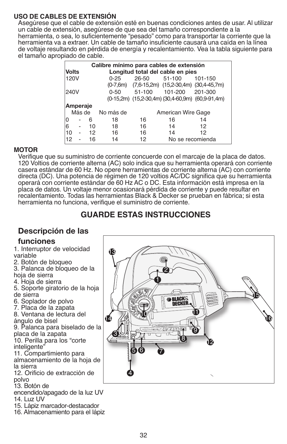 Guarde estas instrucciones, Descripción de las funciones | Black & Decker JS670V User Manual | Page 32 / 42