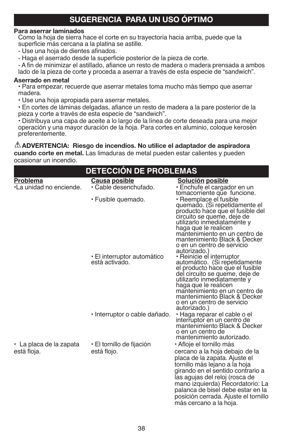 Sugerencia para un uso óptimo, Detección de problemas | Black & Decker JS670V User Manual | Page 38 / 42