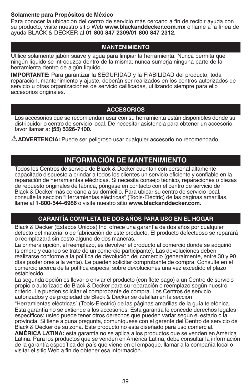 Información de mantenimiento | Black & Decker JS670V User Manual | Page 39 / 42