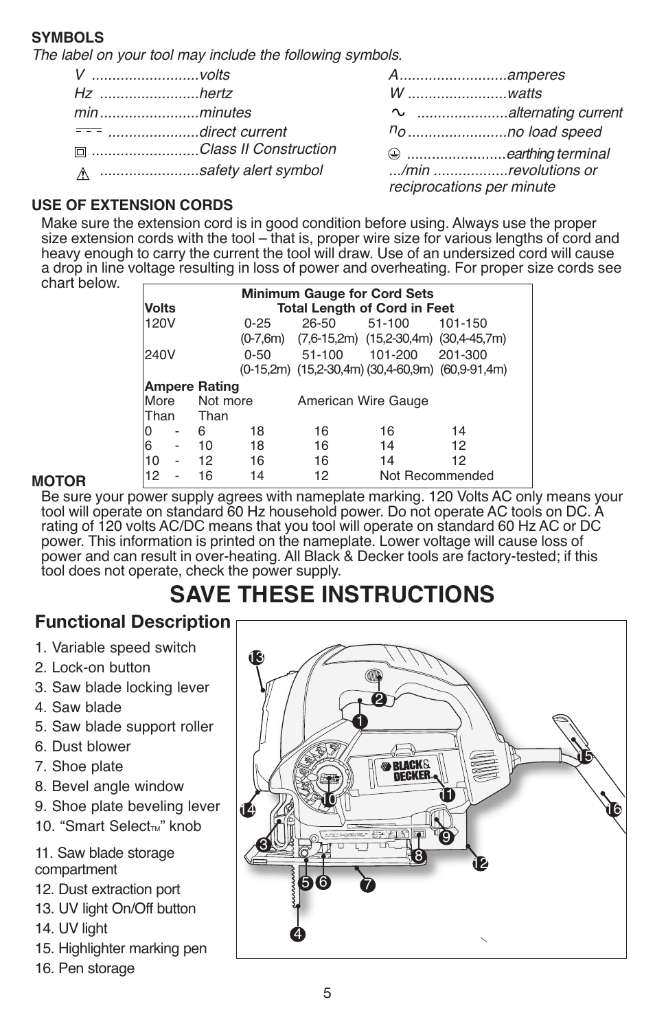 Save these instructions, Functional description | Black & Decker JS670V User Manual | Page 5 / 42