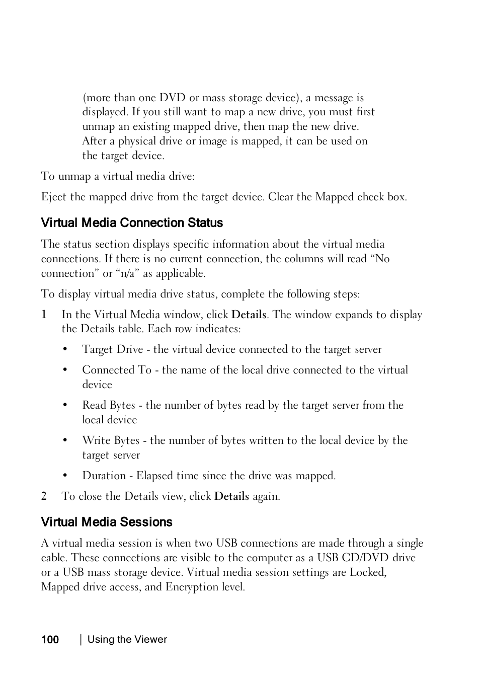 Virtual media connection status, Virtual media sessions | Dell KVM 2162DS User Manual | Page 100 / 114