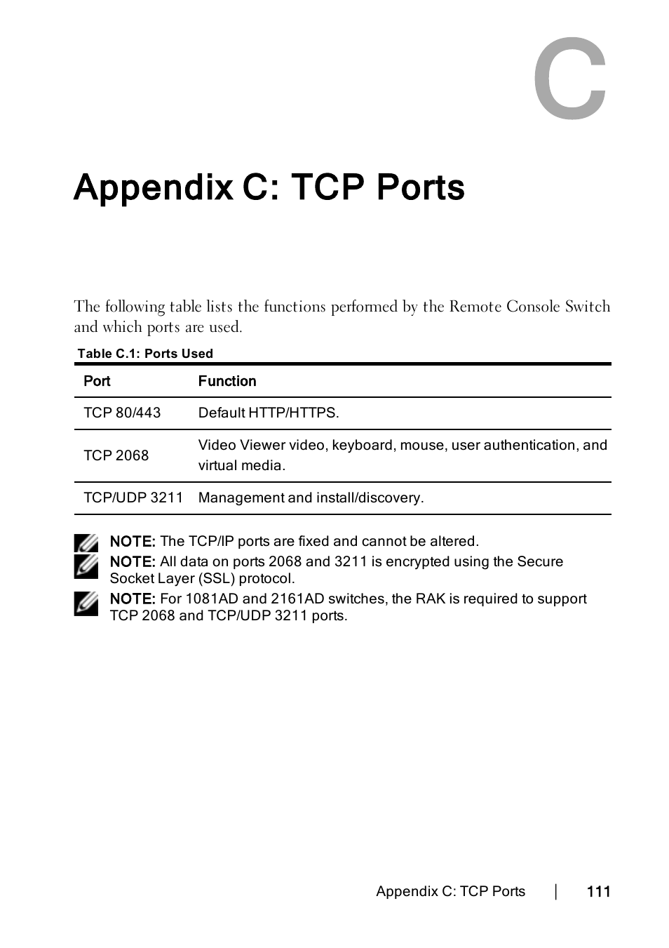 Appendix c: tcp ports | Dell KVM 2162DS User Manual | Page 111 / 114