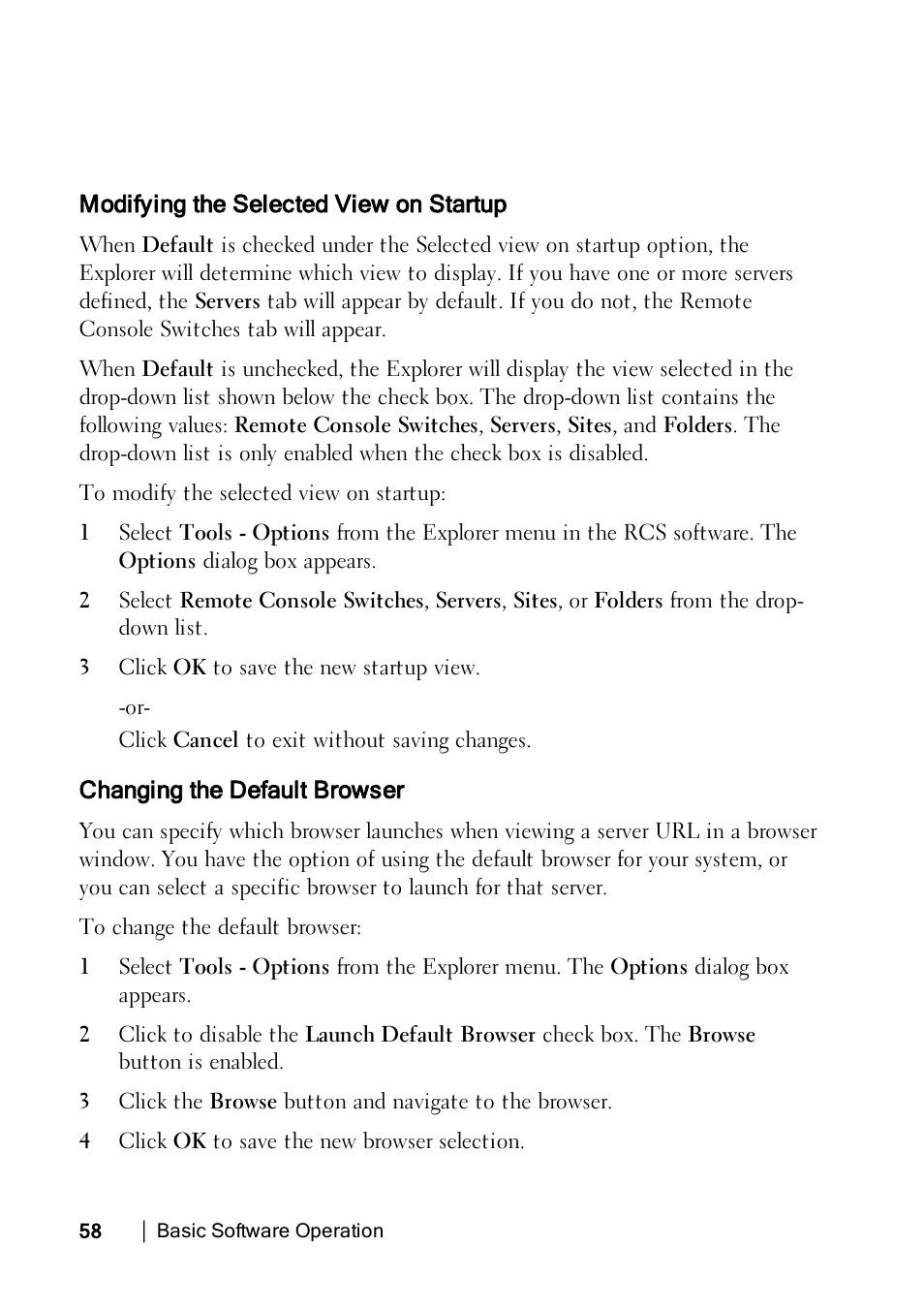 Modifying the selected view on startup, Changing the default browser, Modifyin | Dell KVM 2162DS User Manual | Page 58 / 114