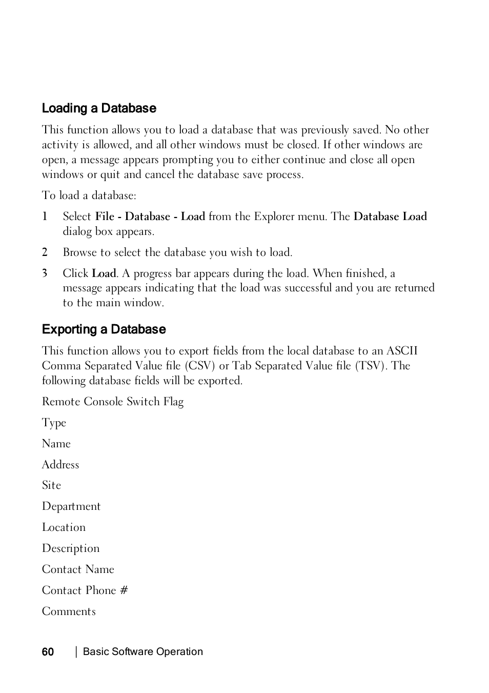 Loading a database, Exporting a database | Dell KVM 2162DS User Manual | Page 60 / 114