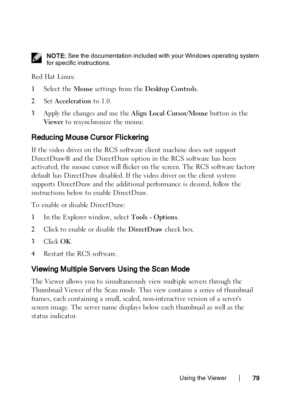 Reducing mouse cursor flickering, Viewing multiple servers using the scan mode, Viewing | Dell KVM 2162DS User Manual | Page 79 / 114