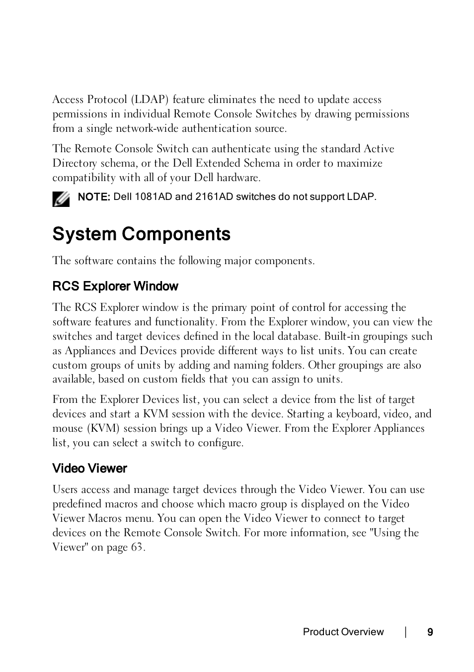 System components, Rcs explorer window, Video viewer | Dell KVM 2162DS User Manual | Page 9 / 114