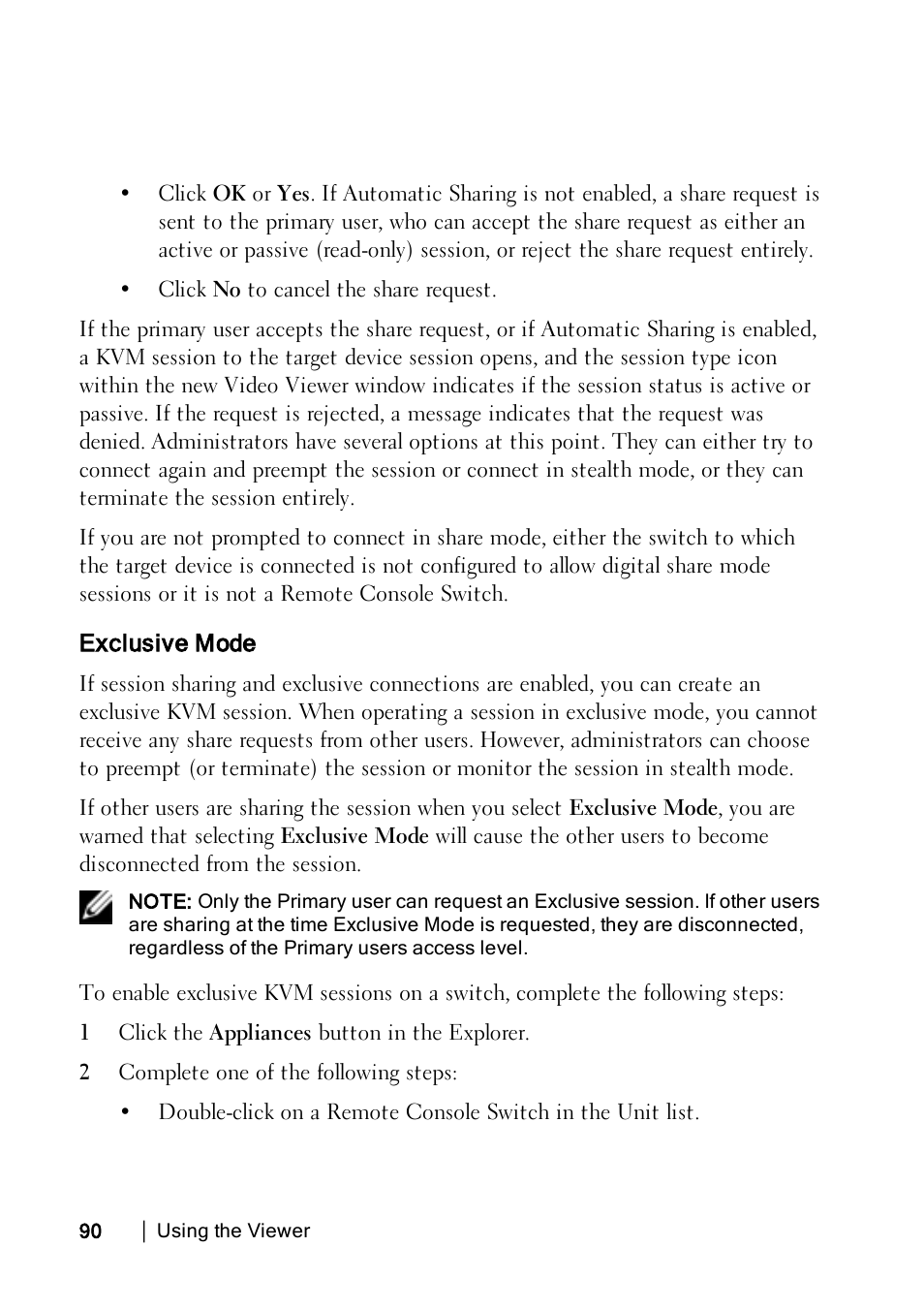 Exclusive mode | Dell KVM 2162DS User Manual | Page 90 / 114