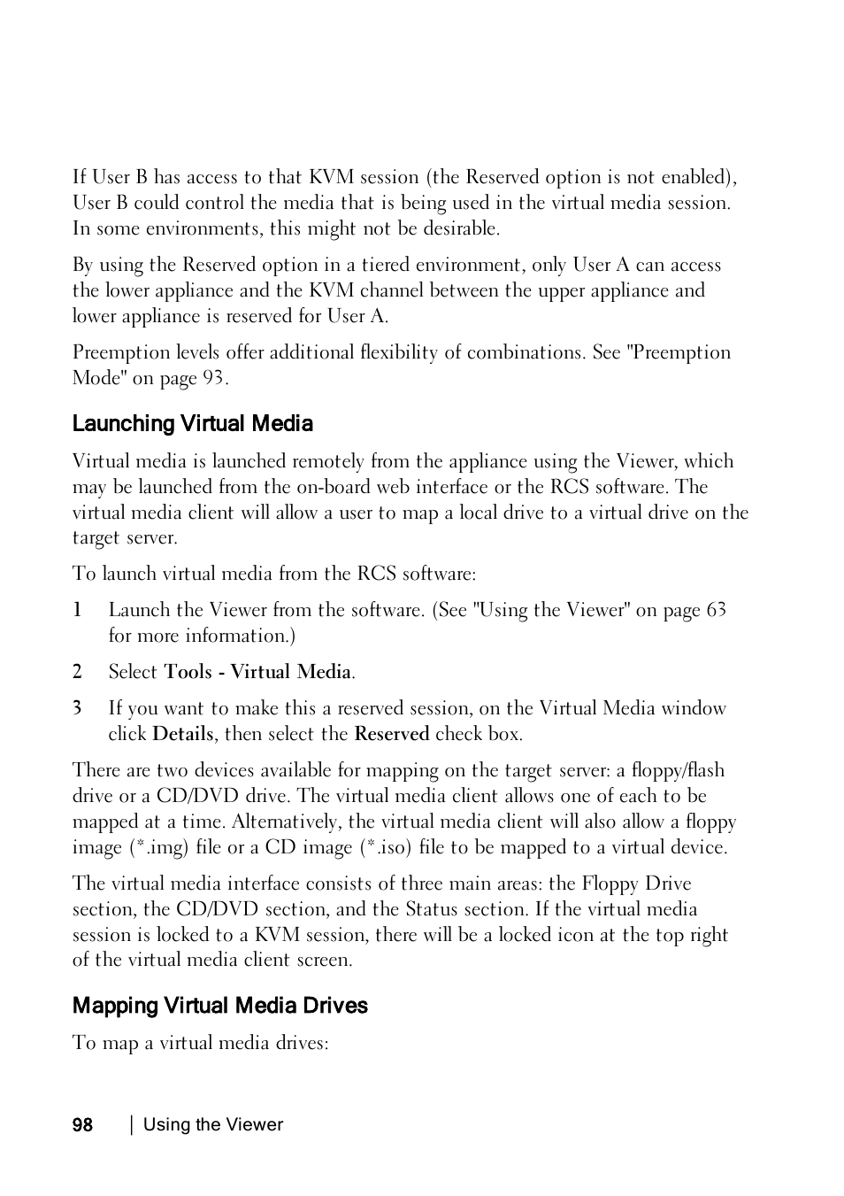 Launching virtual media, Mapping virtual media drives | Dell KVM 2162DS User Manual | Page 98 / 114