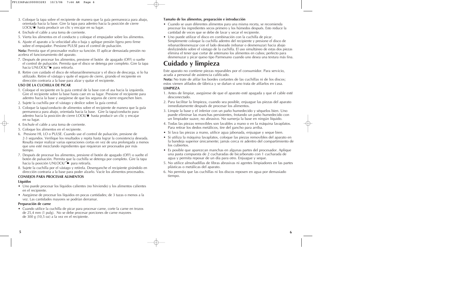 Cuidado y limpieza | Black & Decker Quick 'N Easy FP1336 User Manual | Page 4 / 9