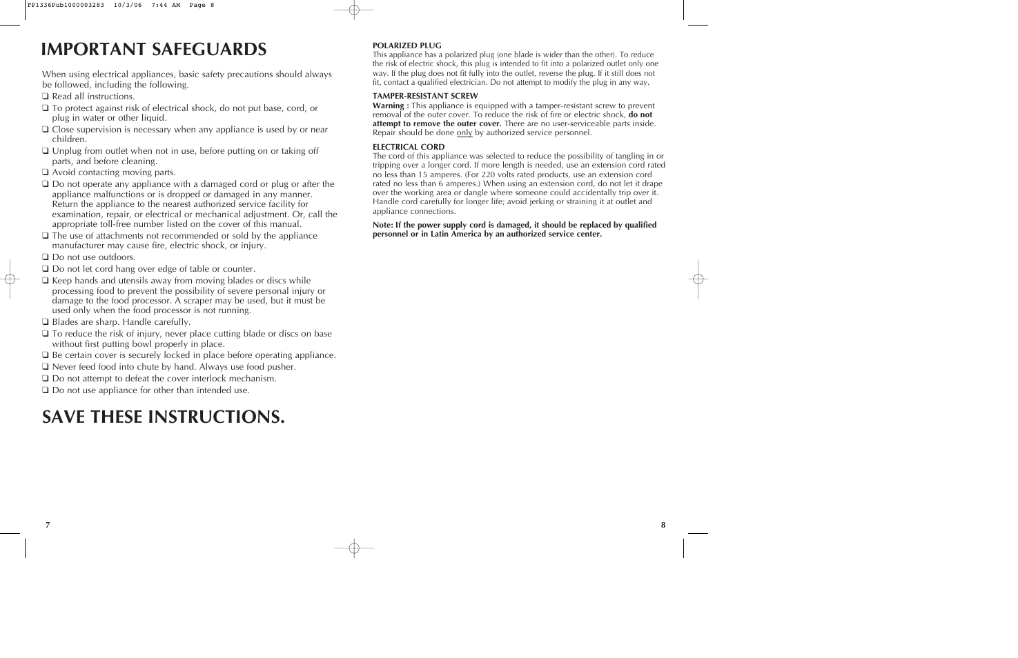 Important safeguards save these instructions | Black & Decker Quick 'N Easy FP1336 User Manual | Page 5 / 9