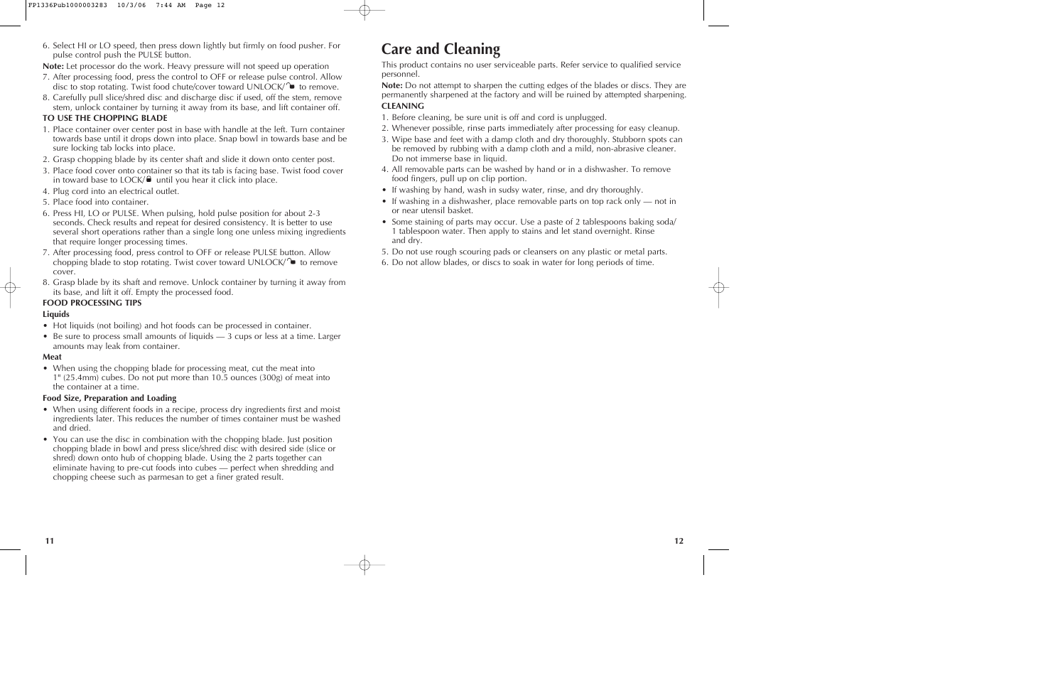 Care and cleaning | Black & Decker Quick 'N Easy FP1336 User Manual | Page 7 / 9