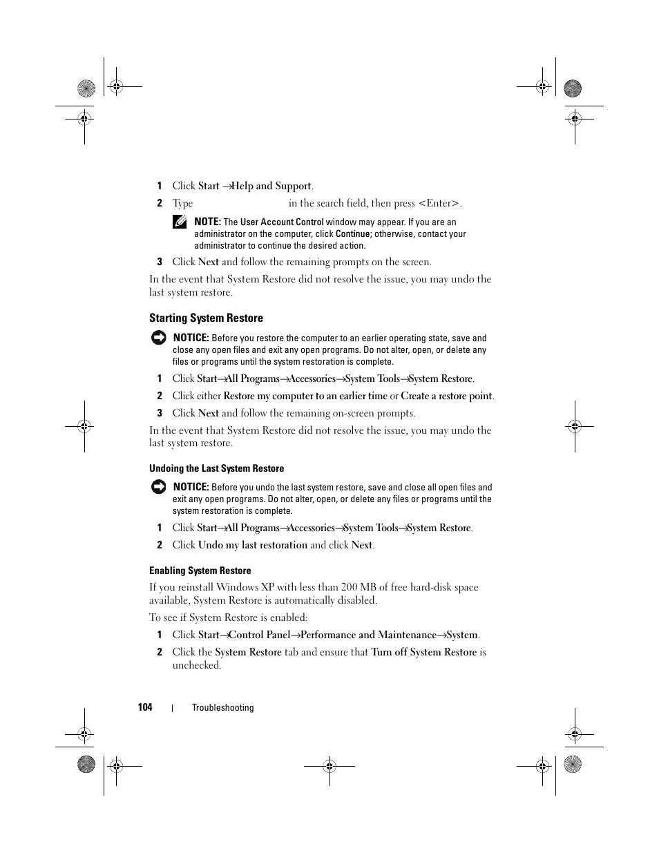 Starting system restore | Dell Vostro 500 (Mid 2009) User Manual | Page 104 / 170