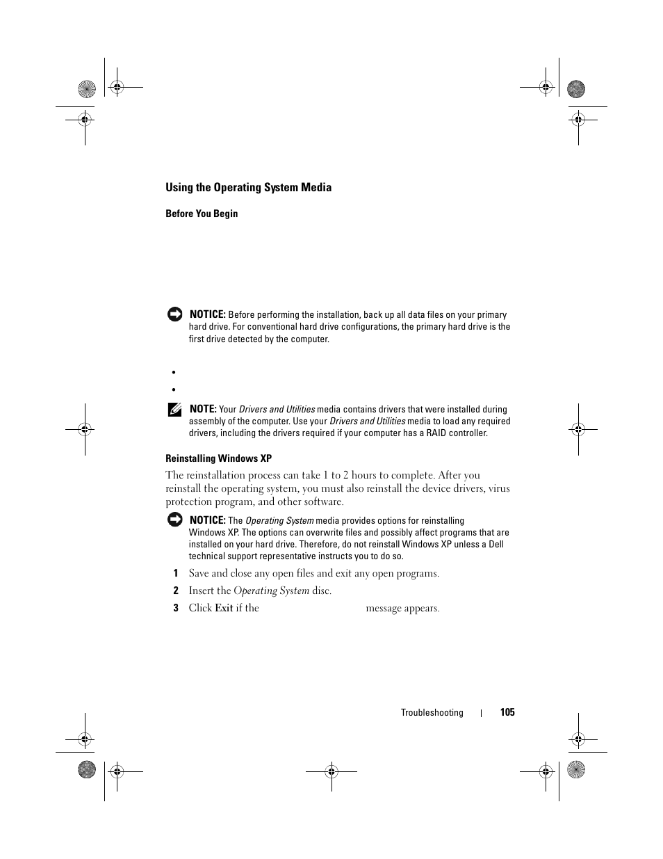 Using the operating system media | Dell Vostro 500 (Mid 2009) User Manual | Page 105 / 170