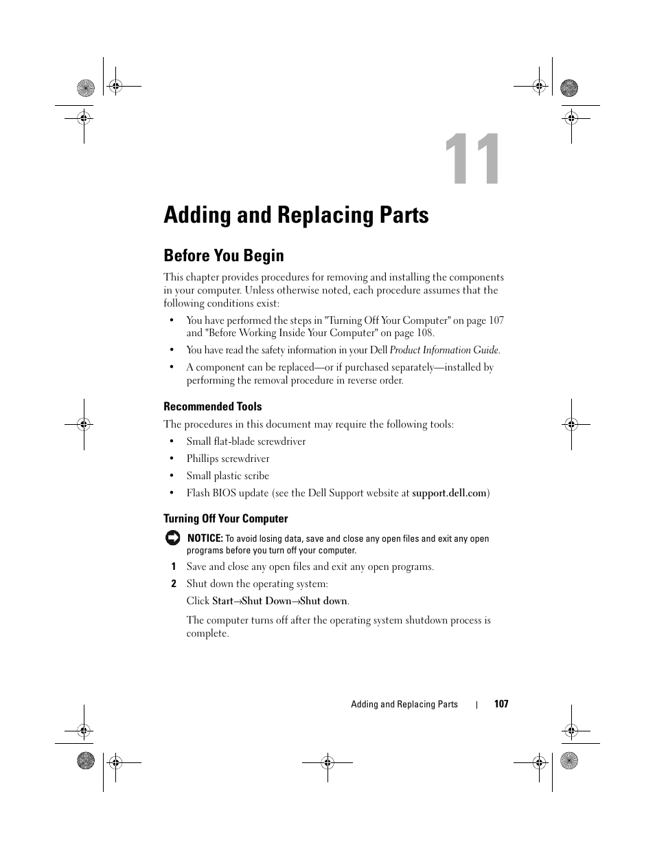 Adding and replacing parts, Before you begin, Recommended tools | Turning off your computer | Dell Vostro 500 (Mid 2009) User Manual | Page 107 / 170