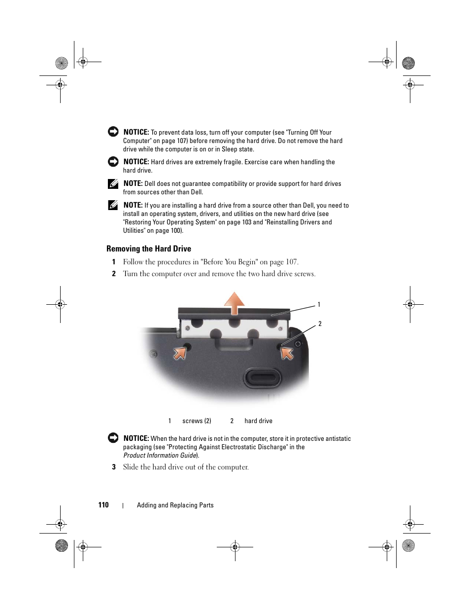 Removing the hard drive | Dell Vostro 500 (Mid 2009) User Manual | Page 110 / 170