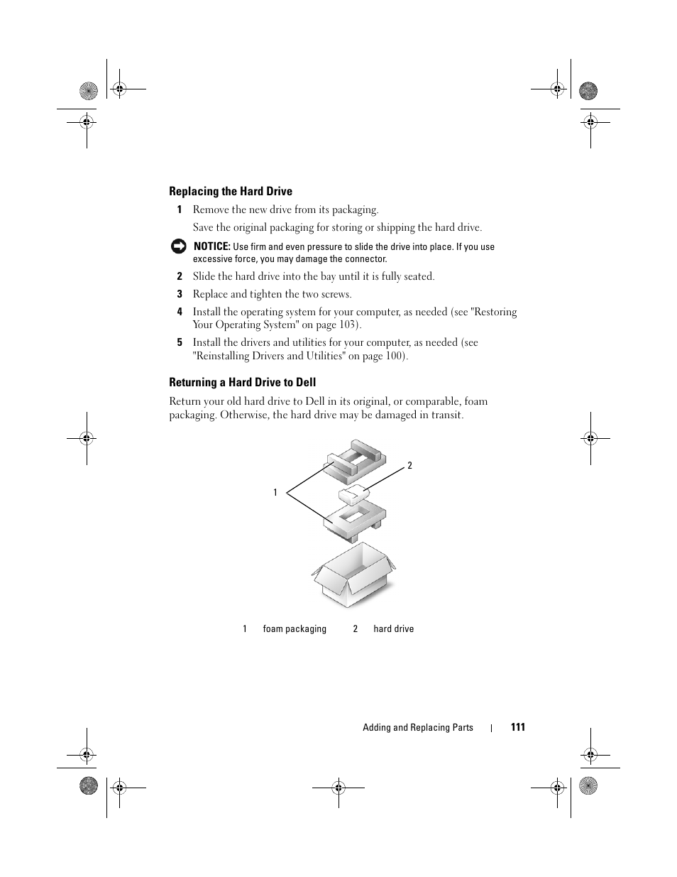 Replacing the hard drive, Returning a hard drive to dell | Dell Vostro 500 (Mid 2009) User Manual | Page 111 / 170