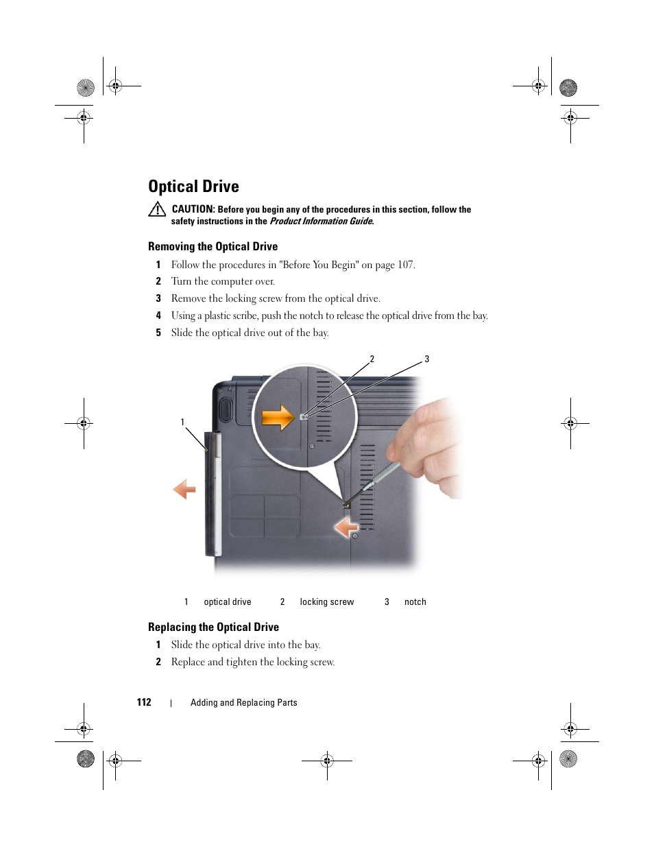 Optical drive, Removing the optical drive, Replacing the optical drive | Dell Vostro 500 (Mid 2009) User Manual | Page 112 / 170