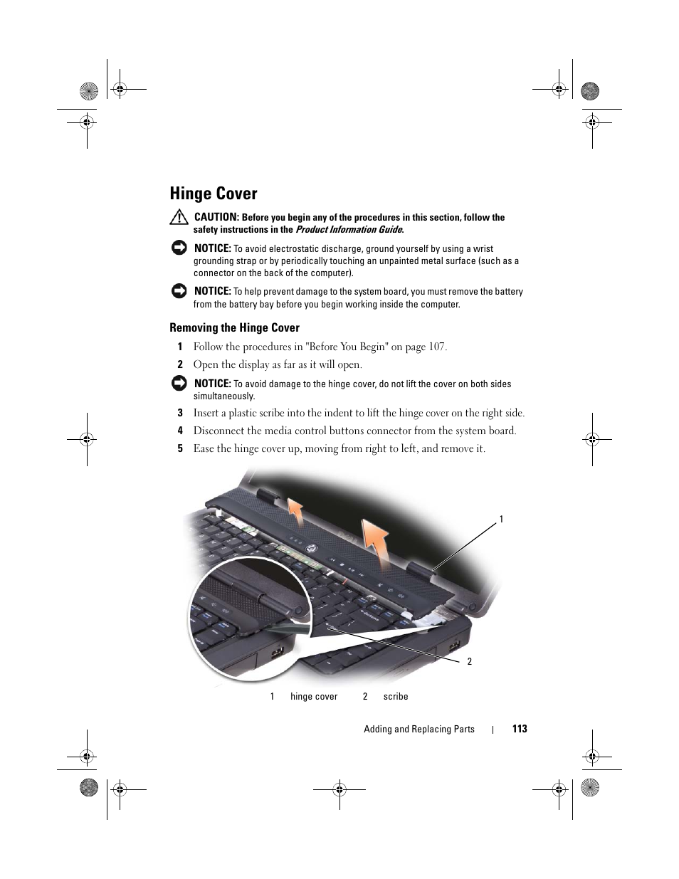 Hinge cover, Removing the hinge cover | Dell Vostro 500 (Mid 2009) User Manual | Page 113 / 170