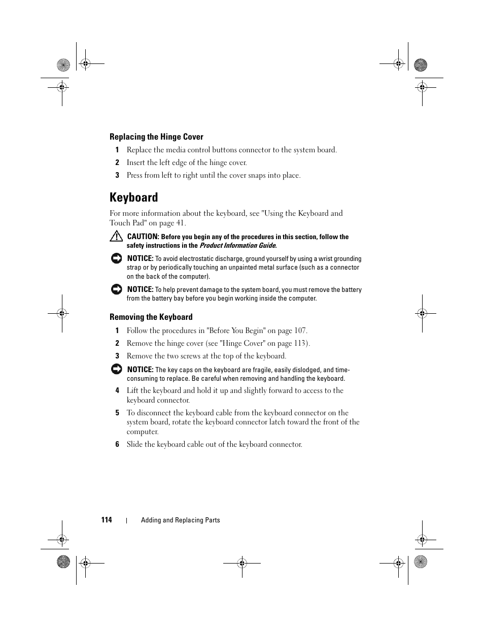 Replacing the hinge cover, Keyboard, Removing the keyboard | Dell Vostro 500 (Mid 2009) User Manual | Page 114 / 170