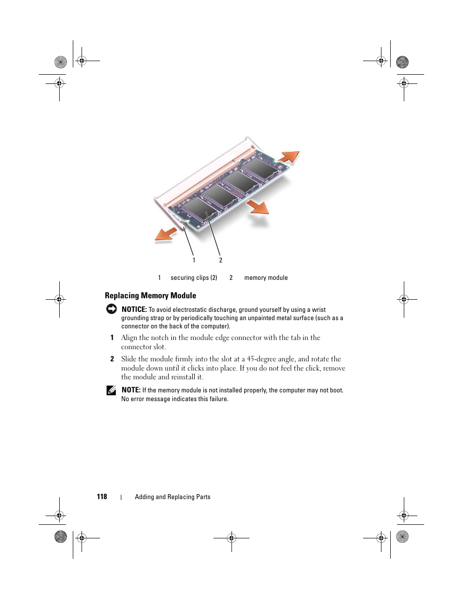 Replacing memory module | Dell Vostro 500 (Mid 2009) User Manual | Page 118 / 170