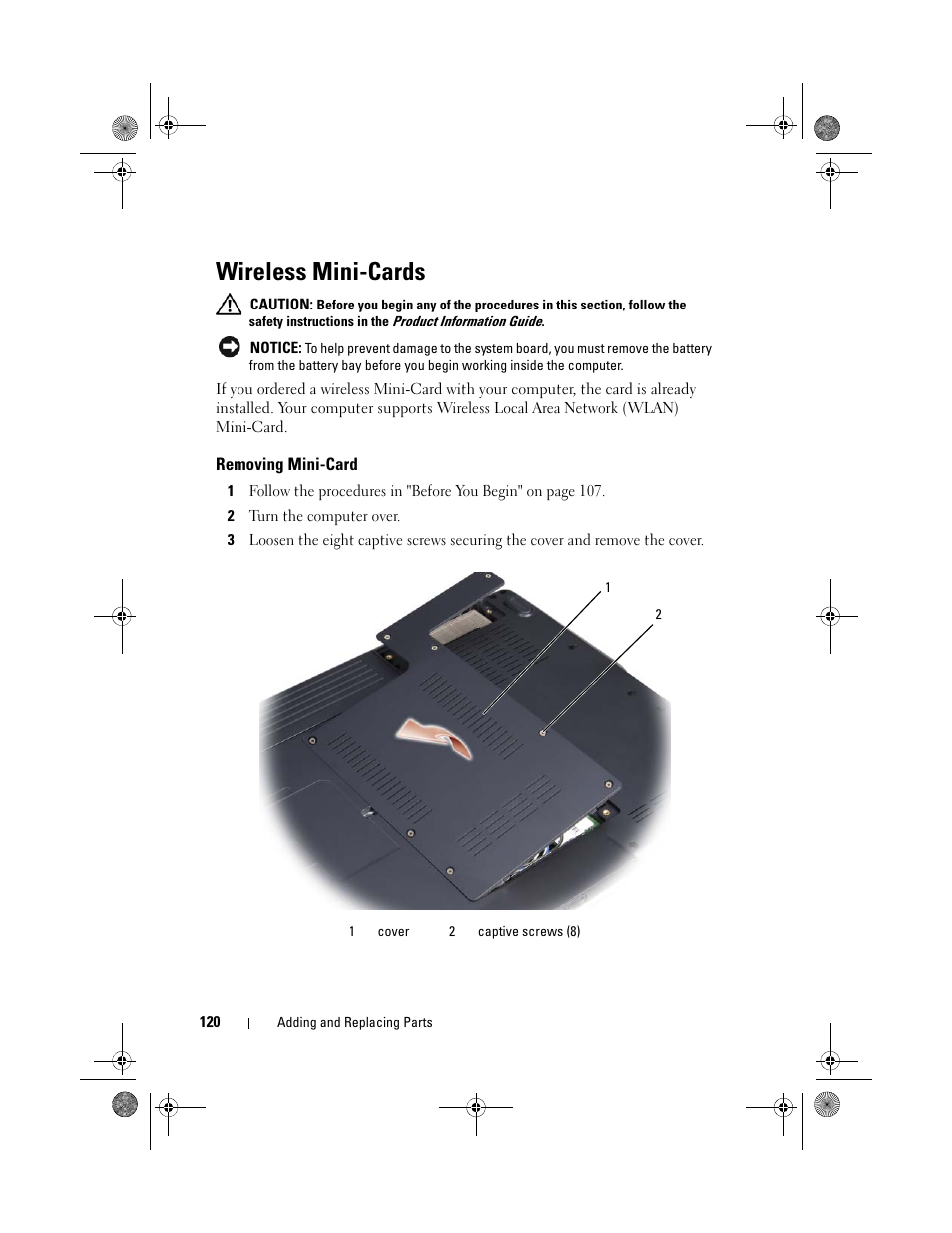 Wireless mini-cards, Removing mini-card | Dell Vostro 500 (Mid 2009) User Manual | Page 120 / 170