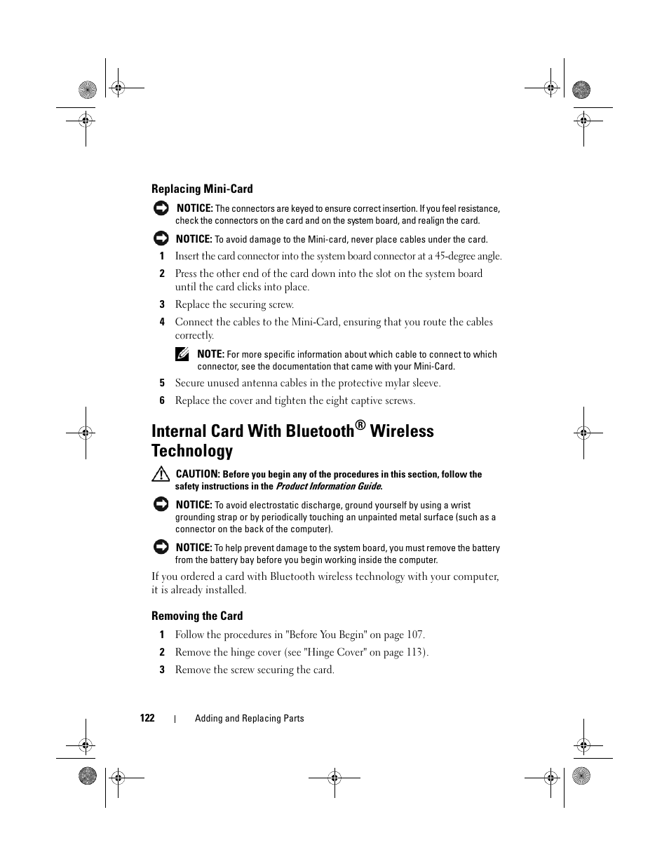 Replacing mini-card, Internal card with bluetooth, Removing the card | Wireless technology | Dell Vostro 500 (Mid 2009) User Manual | Page 122 / 170