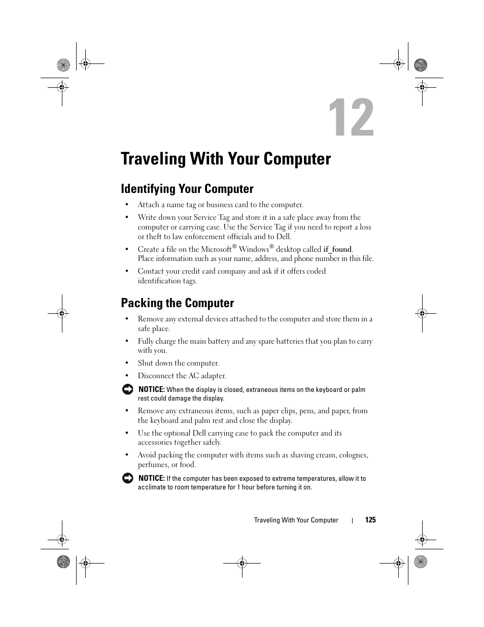 Traveling with your computer, Identifying your computer, Packing the computer | Dell Vostro 500 (Mid 2009) User Manual | Page 125 / 170