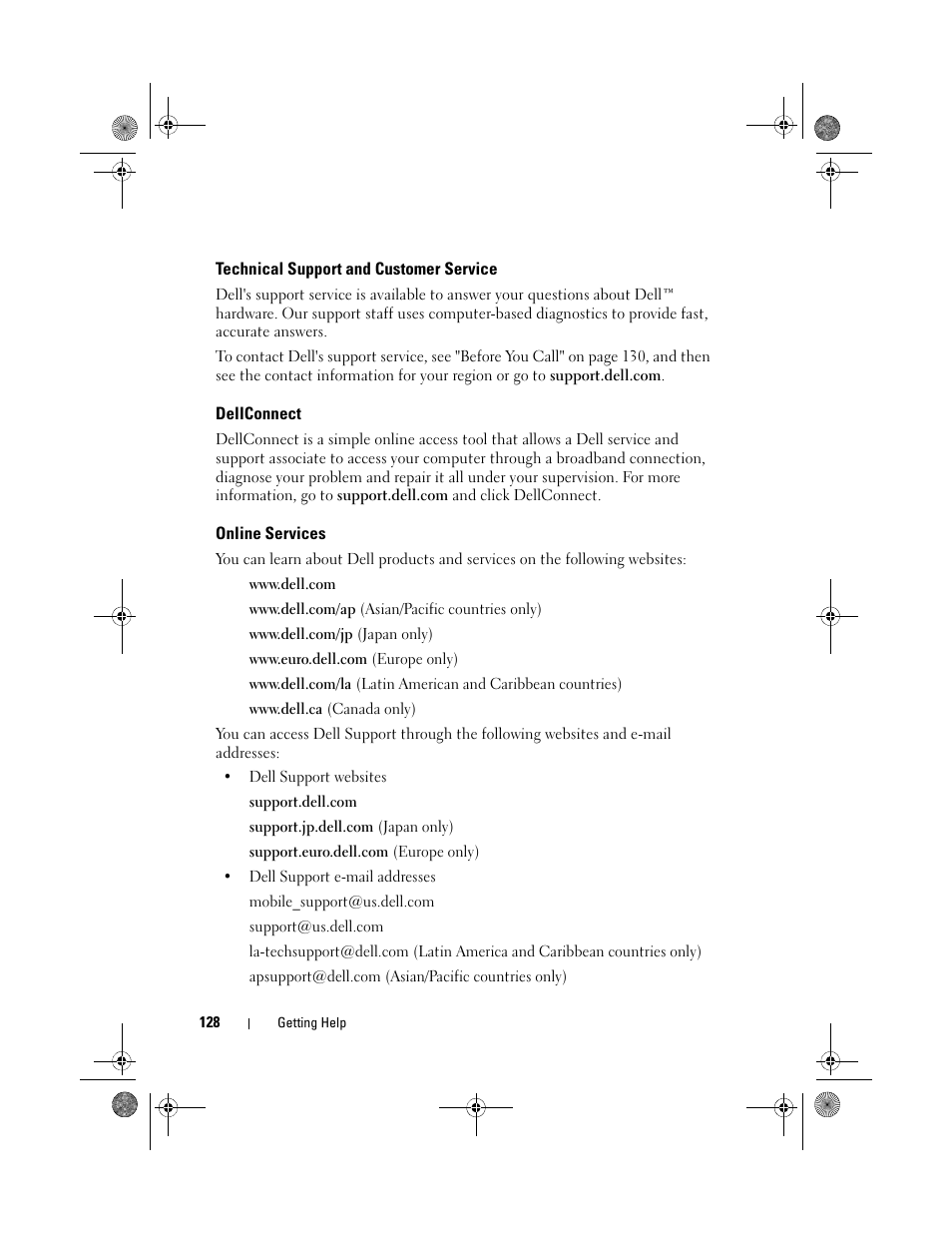 Technical support and customer service, Dellconnect, Online services | Dell Vostro 500 (Mid 2009) User Manual | Page 128 / 170