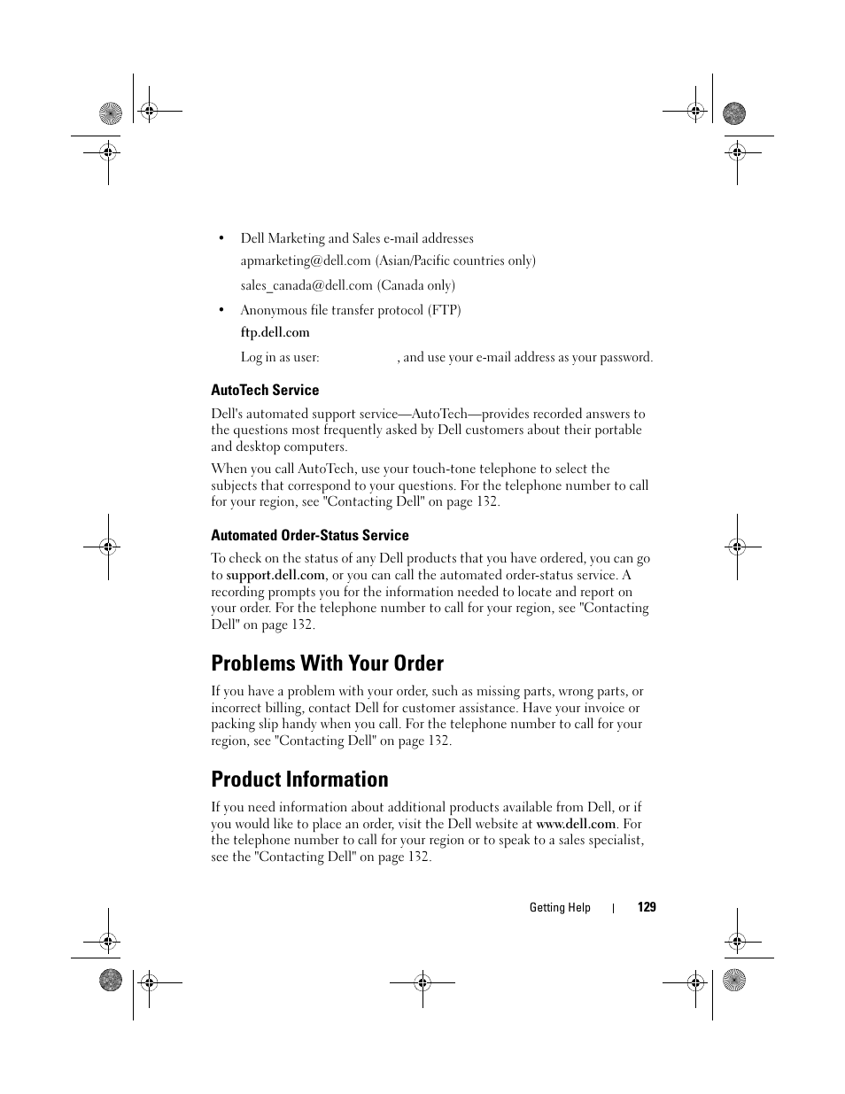 Autotech service, Automated order-status service, Problems with your order | Product information | Dell Vostro 500 (Mid 2009) User Manual | Page 129 / 170