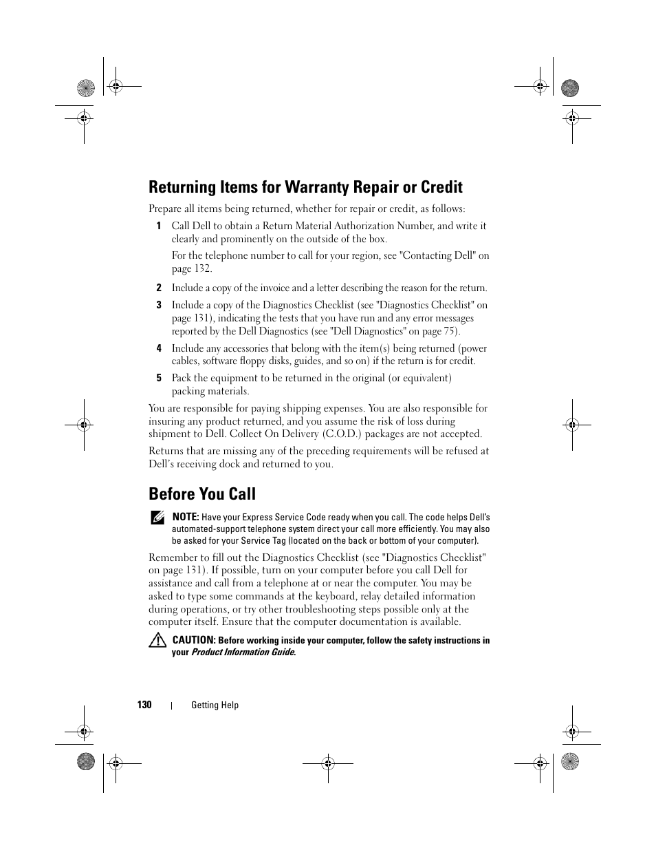 Returning items for warranty repair or credit, Before you call | Dell Vostro 500 (Mid 2009) User Manual | Page 130 / 170