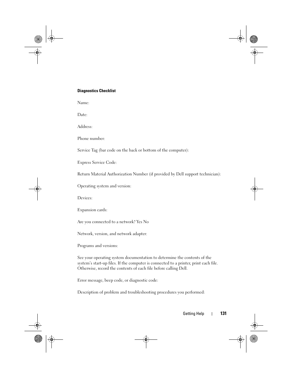 Klist (see "diagnostics checklist" on | Dell Vostro 500 (Mid 2009) User Manual | Page 131 / 170