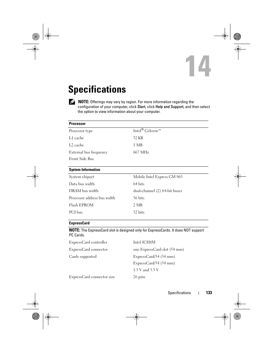 Specifications | Dell Vostro 500 (Mid 2009) User Manual | Page 133 / 170